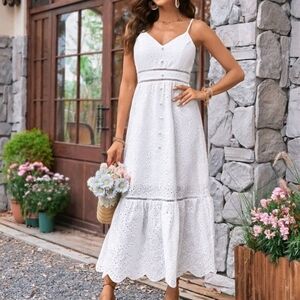 Women Eyelet White Cami Maxi Dress Size M Ruffled Hem A-line Lined Bohemian Zip